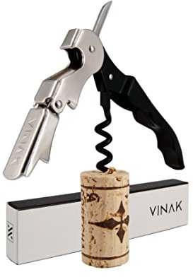 VINAK - Cavatappi cameriere professionale ECO in acciaio inox con apribottiglie + doppio supporto articolato + coltello tagliacapsule + spirale teflonata (Nero)