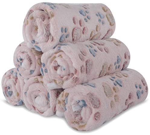 BVAGSS 6 Pack Small Dog Blanket, Super Soft Warm Pet Cover Blankets, Paw Print Puppy Fleece Flannel Blanket for Small Medium Dogs and Cats XH075 (60 x 40 cm, Beige)