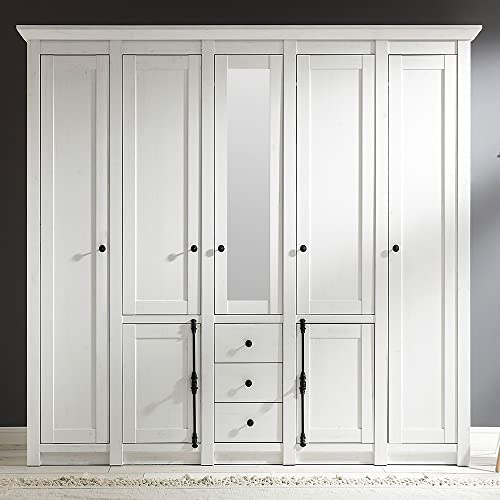 Lomadox Großer Landhaus Kleiderschrank mit Spiegel und Kleiderstankgen im Pinie weiß Nb. B/H/T ca. 227x206x64cm