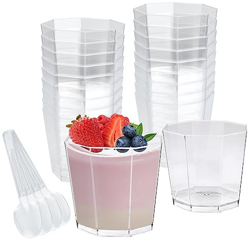 REFORUNG 50 PCS Tazas de Postre 5oz/160ml Con Cucharas - Vasos Aperitivo, Copas de Plástico Para Postres, Cuencos Reutilizables Para Pudines, Tiramisú, Mousse, Helado, Gelatina