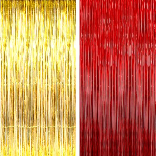 AILEXI 2 Pack 3ft*8ft Party Supplies Foil Fringe Shimmer Curtains, Door Window Decorations Streamers or Wall Backdrop Tinsels - Red Gold