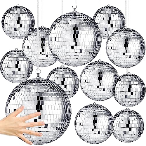 Libima 12 Pack Bulk Large Disco Ball Decorations, Silver Mirror Hanging Disco Balls Ornaments for Christmas Tree, Mothers Day, 70s 80s Party, Wedding, Prom, DIY Decor(12'', 8'', 6'', 4'')