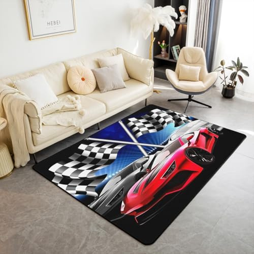 Race Car Area Rug 3x5 for Boys Teens Girls Bedroom, Extreme Sport Theme Area Rug, Youth Kids Red Sports Car Carpet, Race Car Competition Decor Indoor Floor Mat Non Shedding & Non Slip