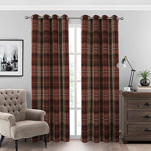 always4u 100% Blackout Curtains Check Eyelet Bedroom Tartan Curtain Plaid Brushed Cheque Pair of Highland Woolen Look Window Treatment for Living Room Dark Red 46 * 54 Inches
