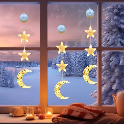 Ramadan Deko Lichter Fenster, Stern Mond Beleuchtet Fensterdeko Hängend, LED Lichterkette mit Saugnapf, Batteriebetrieben Fensterdeko Licht für Ramadan Mubarak Deko