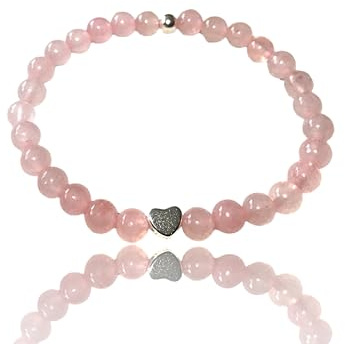 Steinfixx® - Echtes Rosenquarz Perlenarmband mit 925 Silberperle und versilbertem Herz - Hochwertiges Edelsteinarmband handgefertigt in Bayern