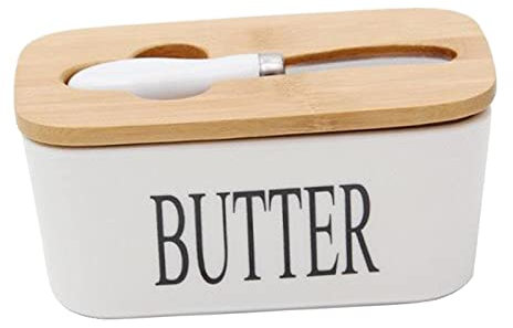 Duiaynke Mantequera con tapa de madera, contenedor de mantequilla para refrigerador (pequeña palabra de mantequilla)