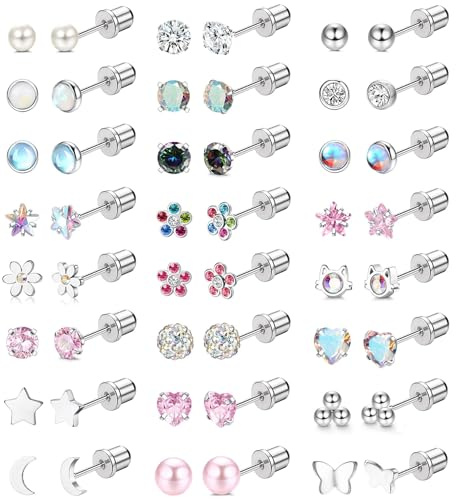 JeweBella 24 Paar Kleine Hypoallergen 316L Chirurgenstahl Ohrstecker Set für Damen Mädchen - Blume Perle Herz Zirkonia Tragus Knorpel Piercing