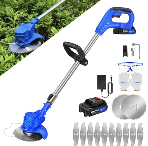Akku-Rasentrimmer, Elektrischer Kantenschneider Rasen Akku-Rasentrimmere 2 in 1, 10000 U/min, Motorkopf Drehbar, mit 2x Akkus, 2x Kreissägeblatt, 10x Metallmesser und Ladegerät
