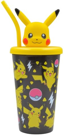 Pokemon Pikachu 3D Figure Lid Soda Cup with Straw 600ml – Kids BPA-Free Plastic Drinks Cup, Screw Top Lid, Reusable Cold Drink Tumbler with Pikachu & Poké Ball Design for Home School Travel