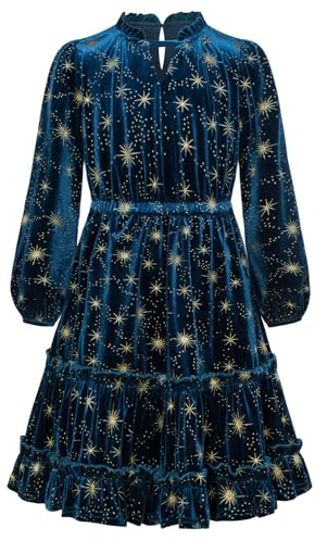 Mädchen A-Linie Partykleid Midi Rüschen Glitzer Prinzessinenkleid Langarm Samt Halloween Kostüm Festlich Winterkleid Blau 10-12 Jahre