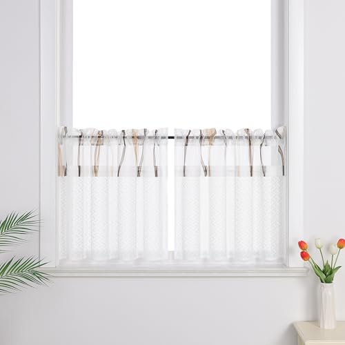 Joyswahl Scheibengardinen im Landhausstil Weiß Cáfe Gardinen Set Transparent Bistrogardinen Wohnzimmer Küchengardinen mit Spitze und Voile Braun HxB 45x120cm 2 stück