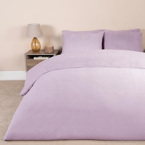 Brentfords Teddy Fleece Fluffy Double Duvet Bedding, Super Soft Winter Warm Cosy Fleece Christmas Bedding with Pillowcases Bed Set for Double Bed - Lilac