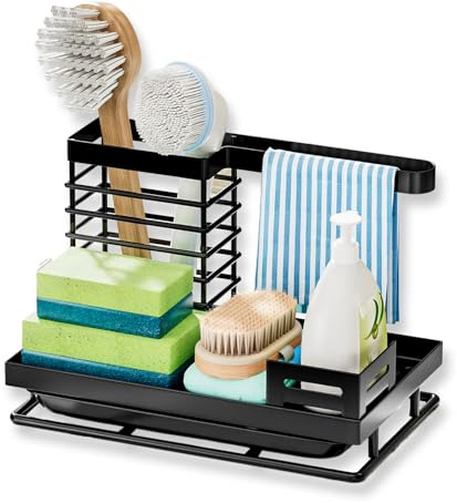 Kitchen Sink Caddy Organizer With Detachable Brush Holder - Storage Rack and Countertop Utensil Tidy for Dishcloth and Sponge