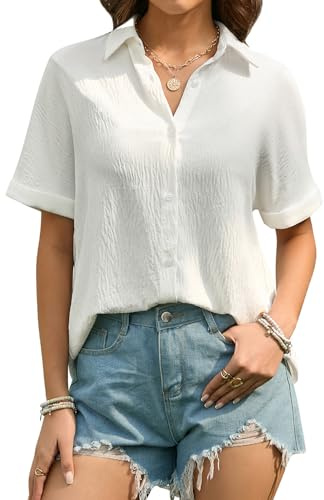 Stamain Bluse Damen Kurzarm Musselin Hemdbluse Damen Sommer Lässig Bluse Hemd Einfarbig Elegante V-Ausschnitt Kurzarmbluse