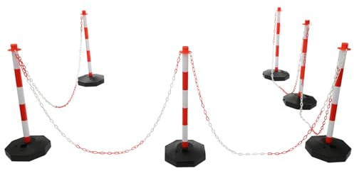 6 Stück Absperrpfosten Kettenpfosten zum Befüllen mit Sand und Wasser mit 5 Absperrketten von 200cm Kunststoff Absperrung Sperrpfosten für Außenbereich Straßenabsperrungen Baustellen 28.5x85cm