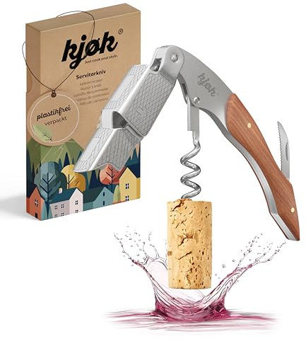 kjøk Sacacorchos de camarero premium de acero inoxidable cepillado con mango de madera y cortacápsulas, elegante utensilio con cuchillo de sumiller, abridor de vino, abrebotellas profesional