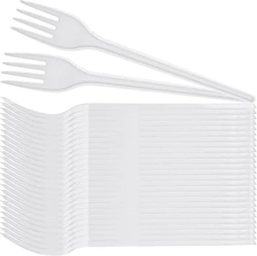 100 Heavy-Duty White Plastic Forks | Perfect for Birthdays, Parties, Camping, Catering | Reusable- Washable and Biodegradable White Cutlery Forks