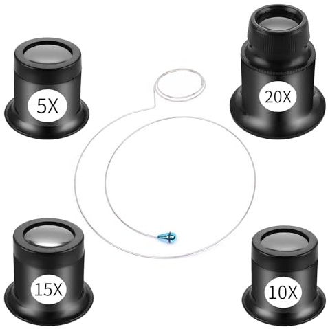 4 PCS Jewellery Magnifying Glass,Jewelers Loupe with Eyepiece Steel Ring Adjustable Headband,Professional Jewellers Magnifying Glass 5X 10X 15X 20X, for Watch Jewelry Experimental Repair Tool