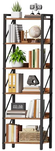 HOOBRO Scaffale a 6 Ripiani in Stile Industriale, Libreria Angolare, Scaffale a Scala, con Struttura in Metallo, per Soggiorno, Camera, Ufficio, Cucina o Ingresso, Marrone Vintage e Nero EBF72SJ01