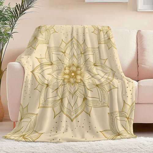 Kuscheldecke Flauschig Sherpa Decke 180 x 220 cm Kinder Flanelldecke, Einfache Blume des Lebens Muster Wohndecke bequem und atmungsaktiv Sofadecke, Camping für Erwachsene Kinder, Creme