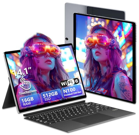 Ordinateur Portable Touchscreen 2-in-1, PC Portable 16Go RAM + 512Go SSD, Alder Lake N100 CPU, 14,1 Pouces 1200P, WiFi 6+BT 5.2/Type-C / Micro HDMI, Clavier Rétroéclairé, Tablette Portable Détachable