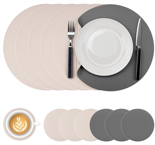 QWORK® 6 Tischsets und 6 Untersetzer aus PU-Leder, Ø 32cm/10cm, PU-Leder, Hitzebeständige, Doppelseitige (Grau, Beige)