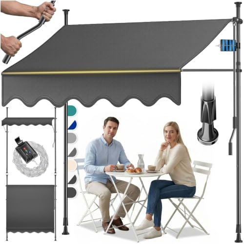 KESSER® Klemmmarkise mit Handkurbel & LED Lichterkette | Balkonmarkise ohne Bohren | Markise UV-beständig höhenverstellbar & wasserabweisend | Sonnenschutz für Balkon Terrasse & Garten 150cm