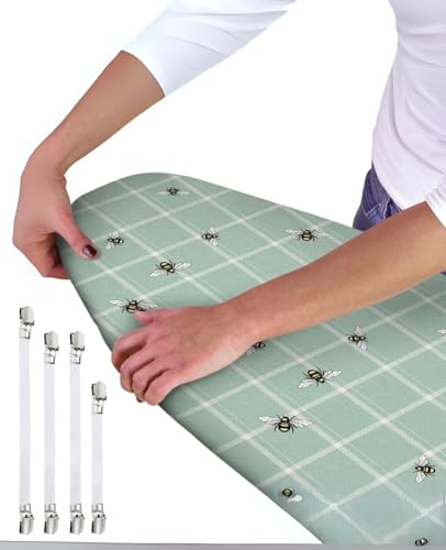 Ironing Board Cover - Universal Fit - 120 x 40cm + 4 pack Ironing Board Fitting Clips (Sage Checked w/bees)