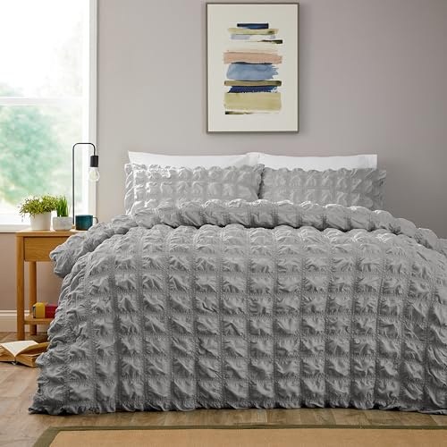 Olivia Rocco Soho Duvet Cover Set with Pillowcases Quilted Design Super Soft Bedding Easy Care Bed Linen Sets, Grey King