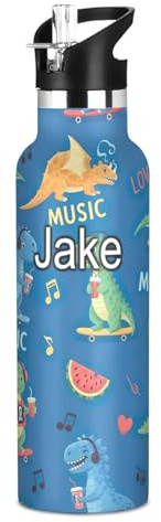 Botella de agua personalizada para niños para la escuela, 20 onzas, botella de agua de acero inoxidable personalizada para viajes o escuela, sin BPA, música de dinosaurios de dibujos animados