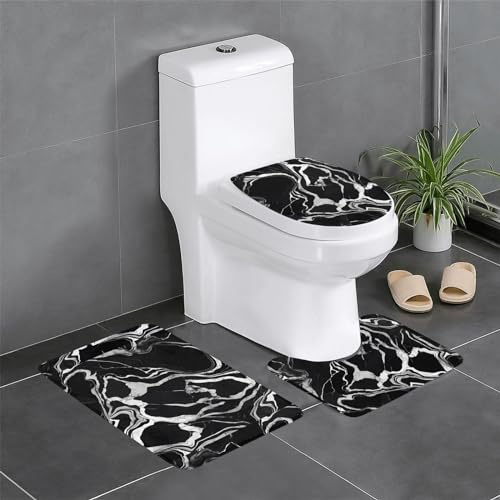 3 Piece Bath Mat Set Black And White Marble U Shape Wc Toilet Rug Decorations Novelty Front Doormat, For Floor Tub, Bedroom, Outdoor