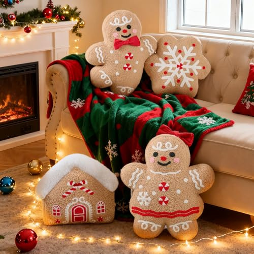 Lanpn 4 Stück Lebkuchen Weihnachtskissen, Weihnacht skissen Dekokissen Flauschiges Zierkissen Lebkuchenmann Lebkuchenhaus Schneeflocke für Geschenk Party Bett Sofa Couch Innenbereich Dekoration