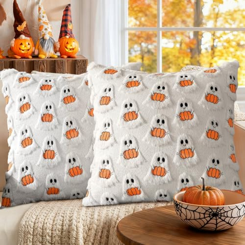 magimagi Halloween Kissenbezug, 2 Stück Geister Kürbis Herbst Kissen, 45 x 45 cm, Halloween Deko Innen, Boo Basket Geschenk, für Sofa, Wohnzimmer, Garten, Schlafzimmer & Outdoor