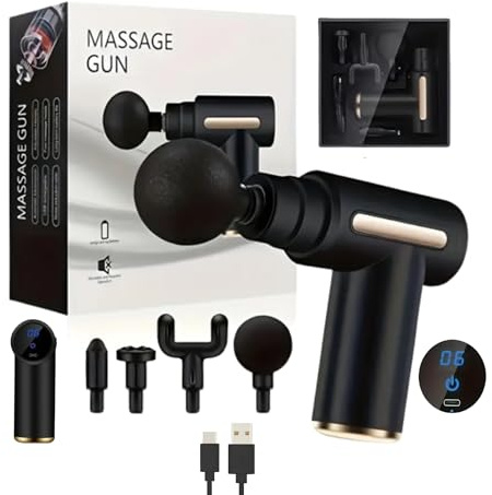 LITTLE CLASSIC USB Rechargeable Hand-Held Massage Gun, 4 Interchangeable Heads, 6 Adjustable Speeds, Gear Light Indicator, Ideal for Pain Relief & General Massage - (Black) (Box Set)
