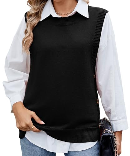 RWGSNB Chaleco Jersey, Suéter Punto Mujer Chaleco Cuello Redondo Sin Mangas Jersey Punto Moda Botones Laterales Dobladillo Alto y Bajo Jerséis Sin Mangas Prenda Básica Otoño Waistcoats Negro M