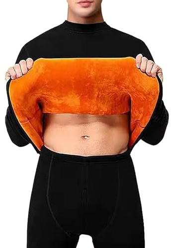 Conjunto de ropa interior térmica para hombre con forro polar naranja - Top de cuello alto y leggings, primera capa súper cálida con forro polar para el invierno, Negro, M