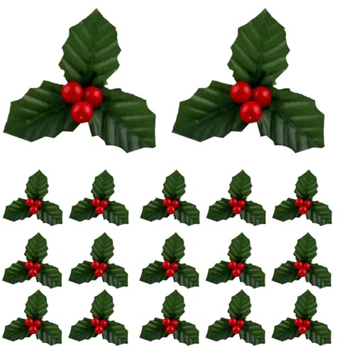 DOITOOL 50 Pezzi di Rami di Bacche di Agrifoglio finte, steli di Bacche Artificiali Rosse da 7 cm con Foglie finte per Decorazioni Natalizie Fai da Te, ghirlande e ghirlande.