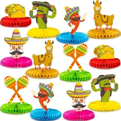 Goiern Yuxukuzeq 12 STK. Fiesta Mexikanische Tischdeko Centerpiece 8 Zoll Papier Cinco De Mayo Party Tisch Honeycomb Für Mexiko Themen Taco Geburtstag Tag Der Toten Fest Dekoration Zubehör