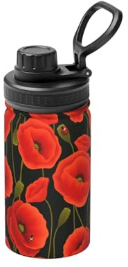 Bouteille d'eau isotherme en acier inoxydable avec imprimé fleurs de coquelicot, 355 ml, idéale pour les voyages