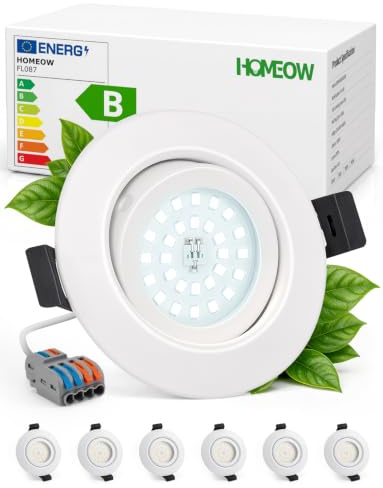 HOMEOW LED Einbaustrahler 230V Metallgehäuse Schwenkbar IP44 Weiß 6er Set | LED Spots Lochmaß 68 - 80mm Deckenspots Ultra Flach für Bad Dusche Kueche Kaltweiß 6000K 4.7W 760LM Nicht Dimmbar