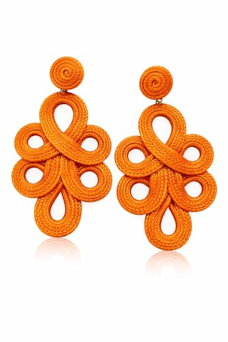 MAJALE Pendientes Largos Flamenca para Mujer Color Naranja - Ligeros, Aros Estilo Pasamanería Cordón de Seda, para Boda, Fiesta y Ocasiones Especiales