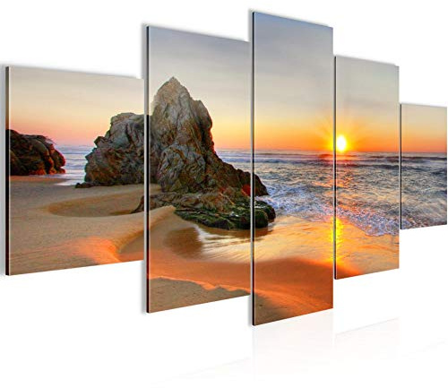 Runa Art - Bilder Sonnenaufgang Strand 200 x 100 cm 5 Teilig XXL Wanddekoration Design Orange 609551a
