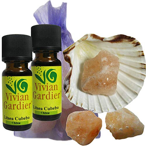 Litsea Cubeba ätherisches Öl naturrein 2 x 10ml aus kontrolliertem Anbau. 7 teiliges Aromatherapie Duft Set mit Muschel + 3 Salz Kristalle zum Beduften + Säckchen. 50004
