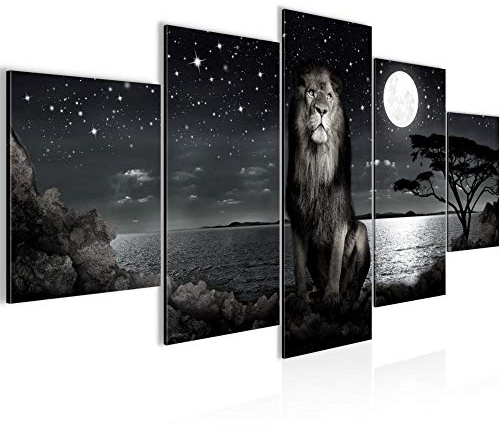 Runa Art Bild Wohnzimmer Schlafzimmer Afrika Löwe 5 Teilig Savanne Schwarz Weiss Wandbilder auf Vlies Leinwand 022953c