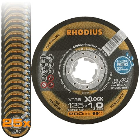 RHODIUS XT38 X-LOCK Metall Trennscheibe, 125 x 1,0 x 22,23 mm, 25 Stück | Für Edelstahl & Stahl, Made in Germany, schnelle und präzise Schnitte, lange Standzeit, für X-LOCK Winkelschleifer