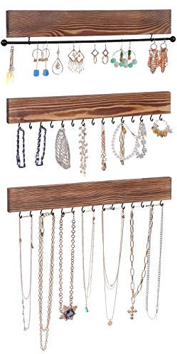 SONGMICS Wall-Mounted Jewellery Organisers, Set of 3, Hanging Jewellery Holders with Bracelet Rod, 30 Hooks, for Earrings, Necklaces, Gift Idea, Rustic Brown JJS11CB