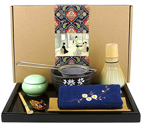 Artcome Japanese Matcha Tea Set, Matcha Whisk, Traditional Spoon, Matcha Bowl, Black Bamboo Tray, Ceramic Whisk Holder, Matcha Box, Handmade Matcha Ceremony Kit for Japanese Tea Ceremony (10pcs)