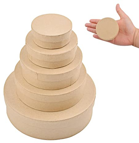 WANDIC Paper Mache Box, 5er Set runde Mini Kraftpapierboxen mit Deckel ideal zum Basteln und Aufbewahren von Accessoires, Kosmetik, Schmuck, Geschenken, Haushaltswaren