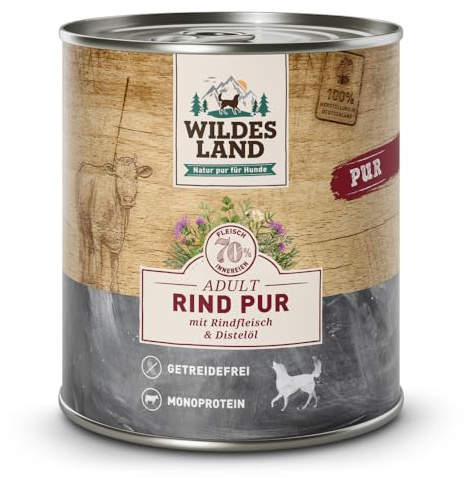 Wildes Land - Nassfutter für Hunde - Rind PUR - 12 x 800 g - mit Distelöl - Getreidefrei - Extra hoher Fleischanteil von 70% - Beste Akzeptanz und Verträglichkeit